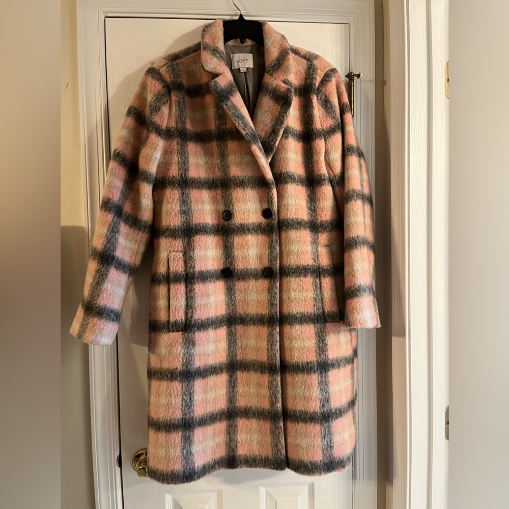 LOFT Pink and Black Plaid Coat